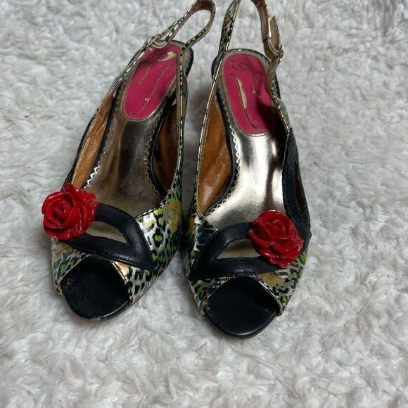 Poetic Licence License Tea Party Leopard Red Rose Peep Toe Heels Size 8 - Picture 2 of 8